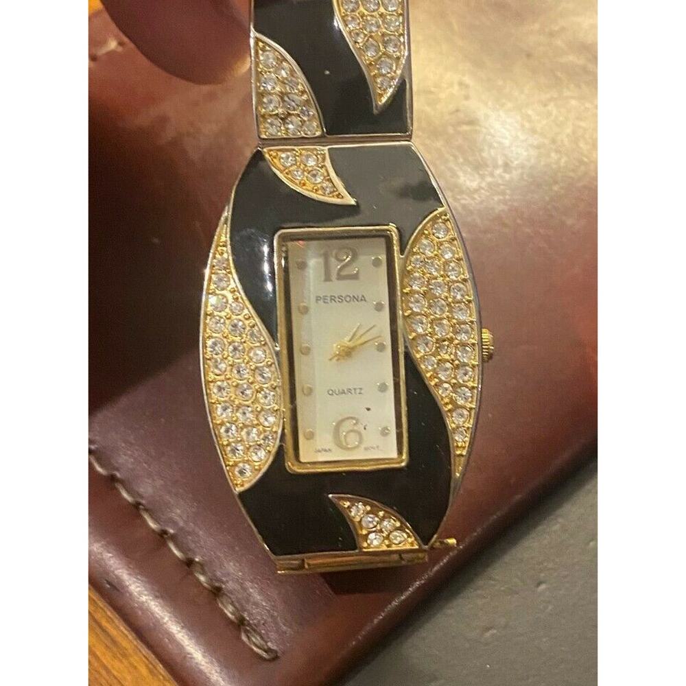 Women's 28mm Persona Dress Watch, Black Enamel and Crystal Accented